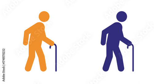 Two stylized figures one with a walking cane are depicted in contrasting colors