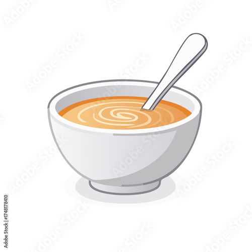 Illustration of a white bowl filled with warm soup and a spoon