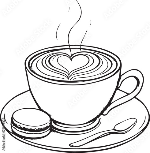 Coffee cup with heart latte art, macaron, and spoon, black and white vector illustration for cozy design