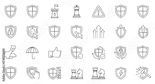Collection of various security and protection icons, including shields, locks, chess pieces, and warning signs, isolated on transparent background