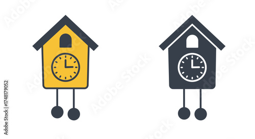 Two stylized cuckoo clocks one in color and one in silhouette
