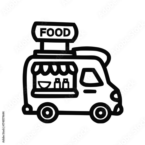 Handmade Food Truck Line Icon, Street Food Van Minimal Outline Vector on White