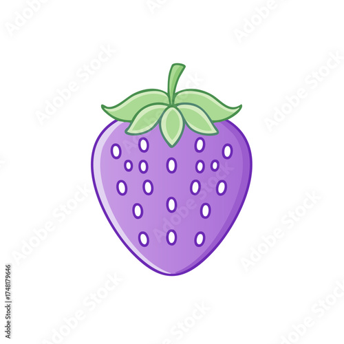 Isolated purple strawberry illustration with green leaves and seeds, simple colorful design.