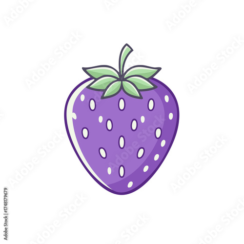 Purple Strawberry Illustration with Leafy Stem and Seeds, Vector Graphics