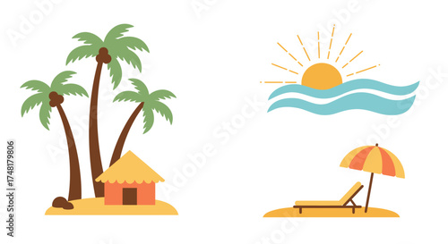 Tropical beach illustration featuring palm trees sun waves and a beach hut