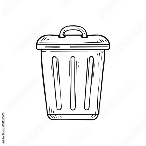 Hand-Drawn Trash Can Illustration: Black and White Waste Container with Lid