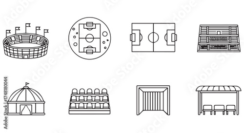 A compilation of black and white line art icons related to sports stadiums and fields, featuring grandstands, playing surfaces, and entryways isolated on transparent background