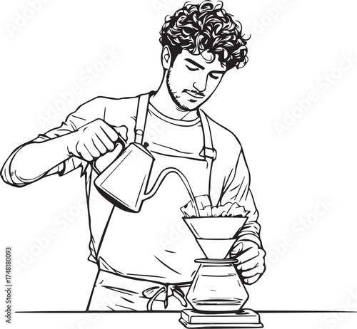 Person making pour-over coffee with gooseneck kettle and dripper in black and white line art illustration