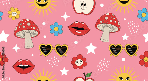 Whimsical Retro Pattern Design Featuring Funky Elements and Groovy Vibes.