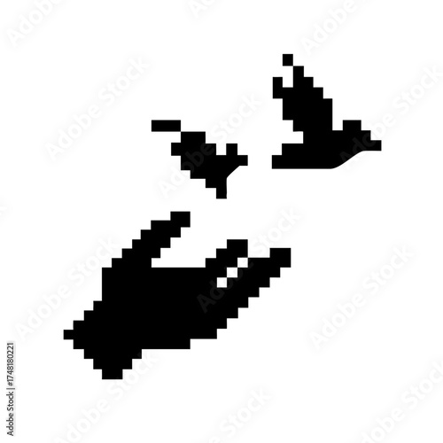 Pixelated hand releasing a bird