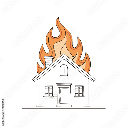 Cartoon illustration of burning house with orange flames and outline style