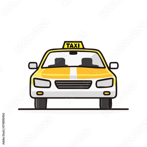 Yellow and white taxi cab design illustration, front view, cartoon style, transportation concept