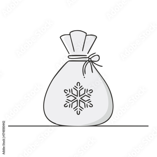 Stylized winter holiday gift bag with a snowflake motif and tied bow, festive season illustration