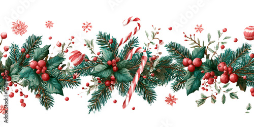 Wallpaper Mural Festive christmas garland with holly, berries, pine branches, and candy canes, isolated on transparent background Torontodigital.ca