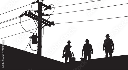 Silhouette of three electricians working near a utility pole with power lines and a transformer against a bright sky isolated on transparent background