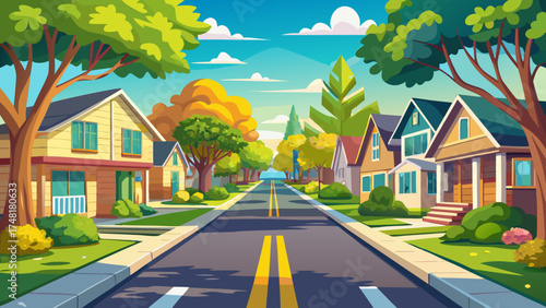 Very beautiful tree-lined street with symmetrical suburban houses and yellow road line, vector-style scene capturing balance, calmness, and cozy residential atmosphere.