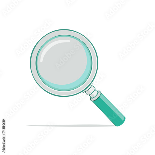 Magnifying glass with turquoise handle and frame isolated on white background cartoon illustration