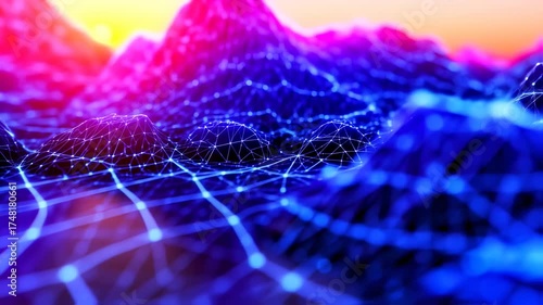 Abstract digital landscape with vibrant colors and interconnected network