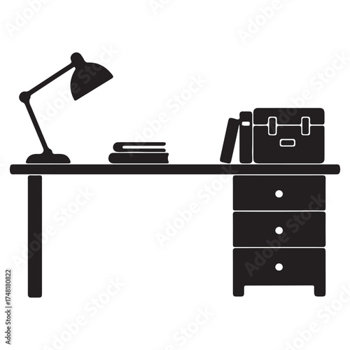 Black vector icons set of furniture including chair, table, bed, sofa, desk, and office equipment for interior design illustration