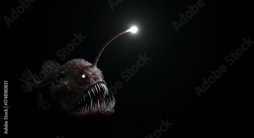 Deep sea anglerfish illuminated in darkness marine life illustration concept