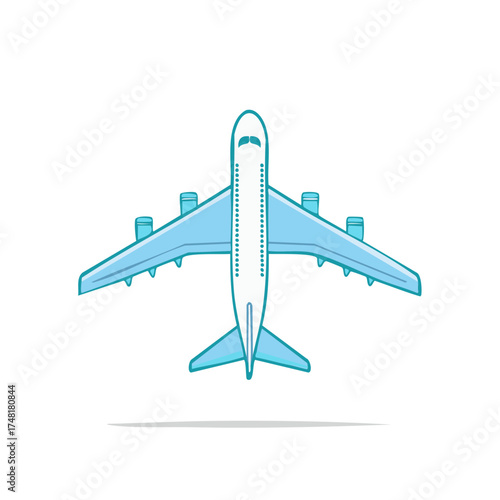 Modern light blue jumbo jet icon, commercial airplane graphic, airline travel vector illustration, top-down transport design with wings, jets
