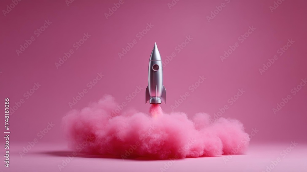 Fototapeta premium Silver rocket taking off from a cloud of pink smoke. the rocket is in the center of the image, with its body facing towards the right side of the frame.