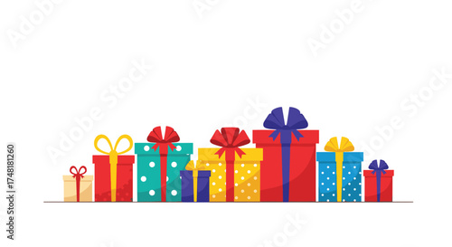 A collection of colorful gift boxes arranged in a line for celebration or special occasions.