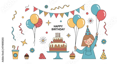 Celebratory elements for a happy birthday party with cake and balloons.