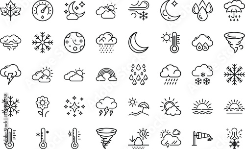 Weather And Climate icon set. With un, rain, snow, cloud, humidity, wind, storm, summer, winter, autumn, spring, forecast, climate, sky, season and more On White Background.
