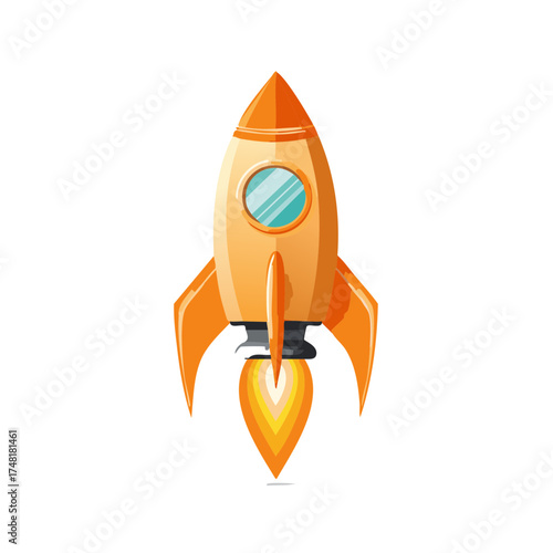 Orange cartoon rocket spaceship taking off with flames from engine vector illustration