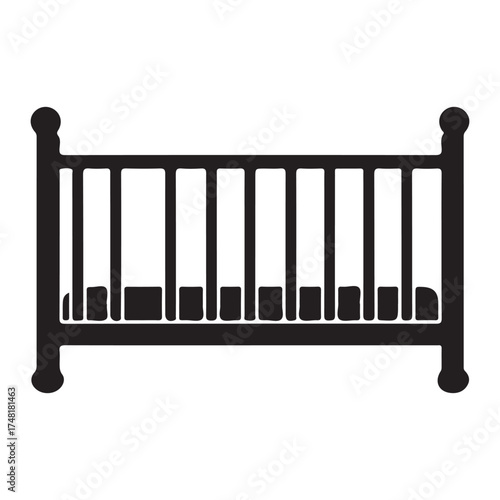 Baby crib illustration in solid black color on white background perfect for childcare related designs and illustrations