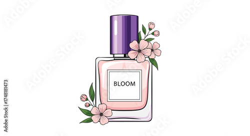 A delicate floral perfume bottle with pink blossoms and green leaves adorning its sides.