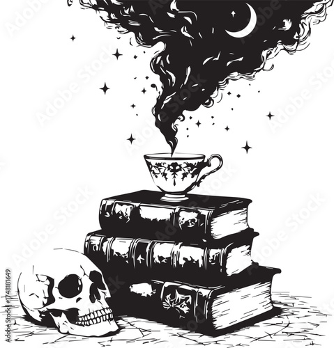 Mystical Brew: An artistic illustration features a skull next to stacked books with a teacup from which smoke is rising up into a crescent moon night. 