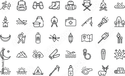 Camping And Outdoor Adventure Equipment icon set. With tent, fire, backpack, hiking, adventure, nature, forest, compass, lantern, travel, outdoor, trip, journey, mountain On White Background.