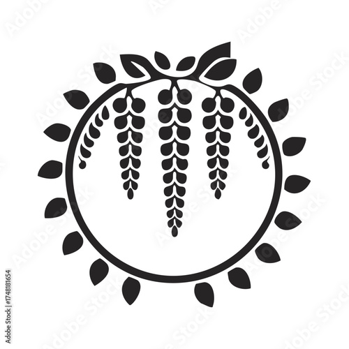 Wisteria Blossom Silhouette in Round Frame, Leaves and Floral Garland for Designs and Decorative Elements