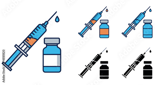 Medical syringes and vials in various styles, representing vaccination and healthcare procedures isolated on transparent background