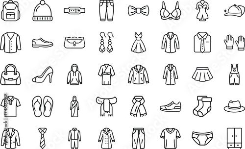 Clothing And Fashion Accessories icon set. Including Shirt, fashion, jacket, coat, shoe, underwear, bra, skirt, dress, jeans, Dress Shoes And Stylish Apparel Vector Icon Set On White Background