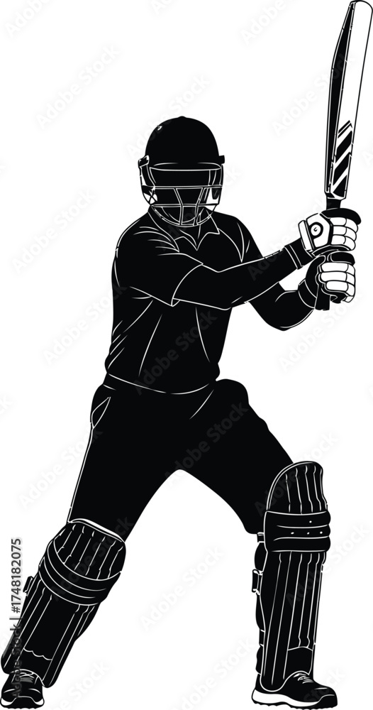Fototapeta premium Silhouette of a cricket batsman ready to strike the ball isolated on white background the player is in stance, bat raised, focused on the game