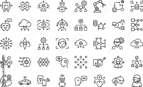 Artificial Intelligence And Machine icon set. Concept With Neural Network, ai, algorithm, neural, network, recognition, machine, learning, data, And Data Analysis Vector Icon.