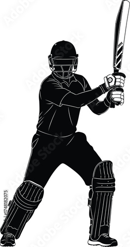 Silhouette of a cricket batsman ready to strike the ball isolated on white background the player is in stance, bat raised, focused on the game