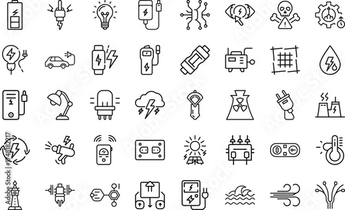 Electricity And Power Energy Illustration icon set. With Cable Plug electricity, power, energy, current, charge, wire, cable, voltage, light, spark, plug icon On White Background