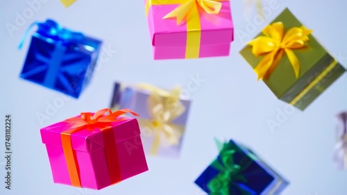 Colorful gift boxes in mid-air against a light background