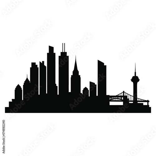 Modern city skyline silhouette featuring tall buildings and a bridge at dusk