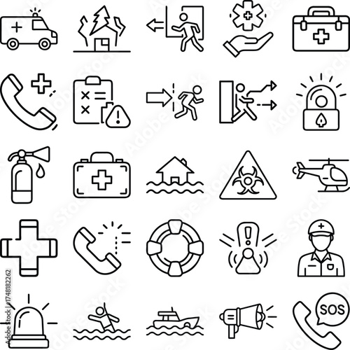Emergency And Safety Assistance Concept icon set. emergency, ambulance, sos, call, help, rescue, aid, first, exit, fire, police, alert and more icon On White Background