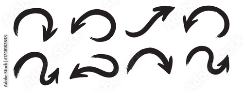 Various bold brush drawn curved arrows. Collection doodle marker thick arrows in different directions. Hand drawn vector direction pointers. Curved and wavy brush strokes with scratches