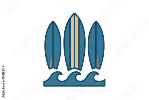 Three blue surfboards standing upright on stylized ocean waves for summer activity