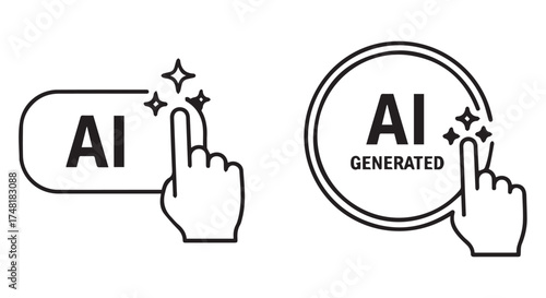 Two simple black and white icons indicating ai generation, with a finger pointing to activate, isolated on transparent background