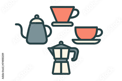 Collection of essential coffee preparation equipment including Moka pot, pour-over dripper, and kettle