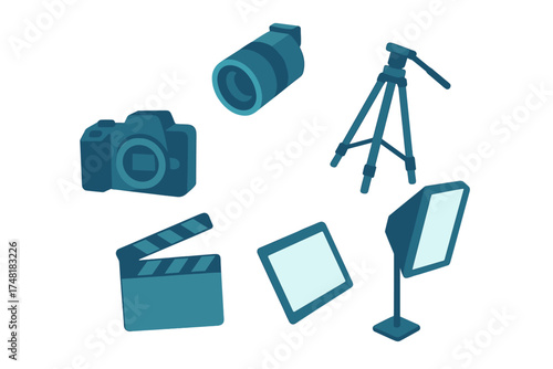 Essential professional equipment set for film and photo production including camera lens tripod and lighting