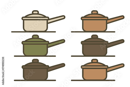 Set of six colored saucepans with lids and handles kitchen cooking equipment